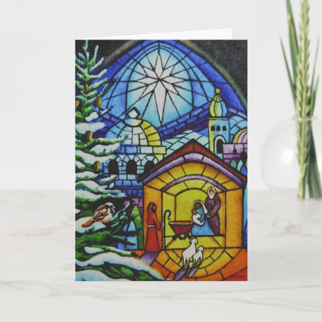 "Christmas Stained Glass Window Watercolor Art Card (Front)
