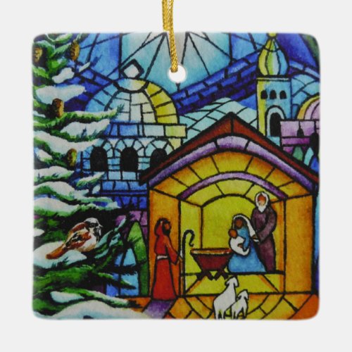 Christmas Stained Glass Window Watercolor Art Ceramic Ornament