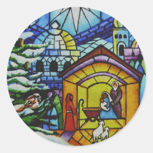 Christmas Stained Glass Window Watercolor Art Classic Round Sticker