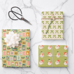 Christmas Stamps, Green Bows, Santa and Snowmen Wrapping Paper Sheets