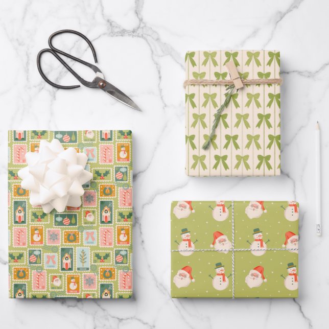 Christmas Stamps, Green Bows, Santa and Snowmen Wrapping Paper Sheets (Front)
