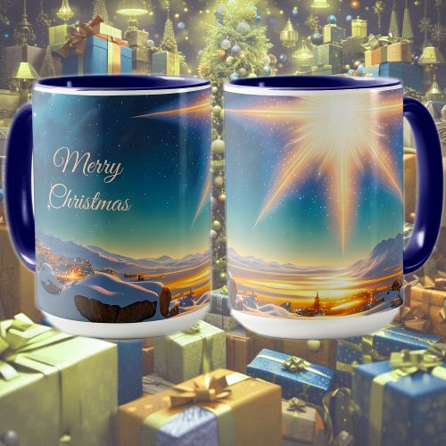 Christmas star charming winter landscape at night mug