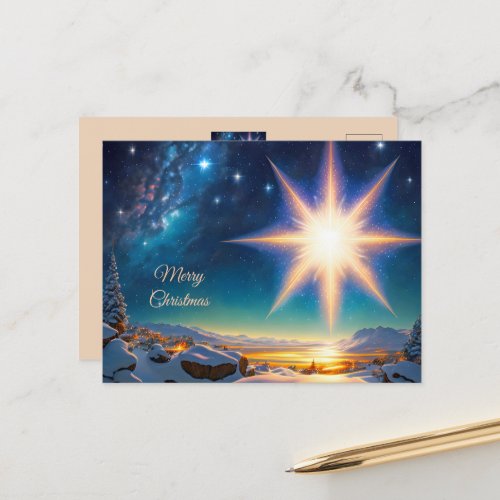 Christmas star charming winter landscape at night postcard