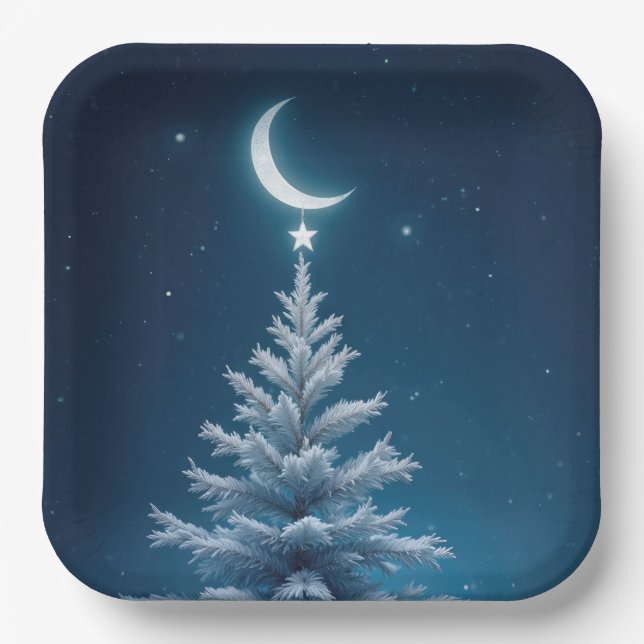 Christmas Star Dangling From a Crescent Moon Paper Plates (Front)
