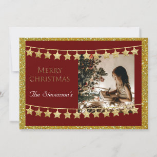Christmas Star Garland Photo Red Name Personalize Holiday Card