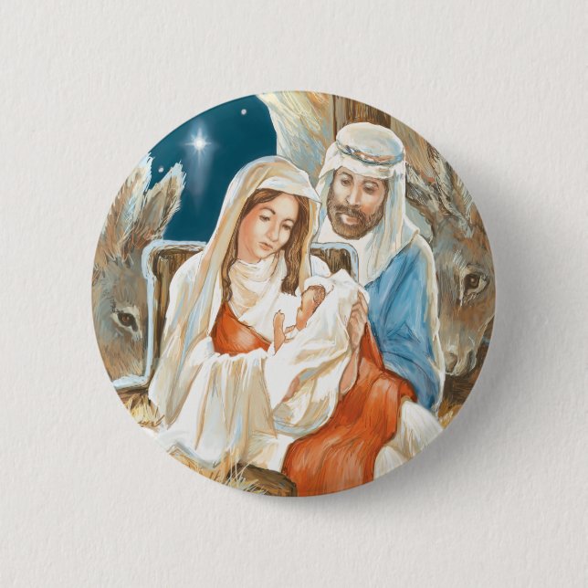 Christmas Star Nativity Painting Pinback Button (Front)