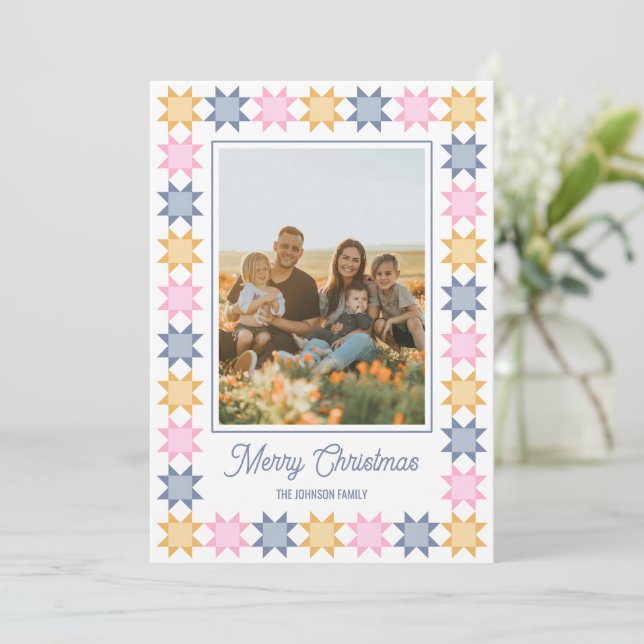Christmas star patchwork framed Holiday photo card (Standing Front)