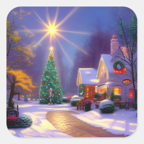 Christmas Star Shining Over a Christmas Tree Square Sticker