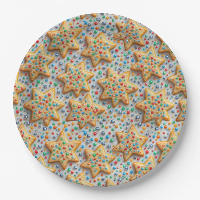 Christmas Star Sugar Cookies With Sprinkles Paper Plates (Front)