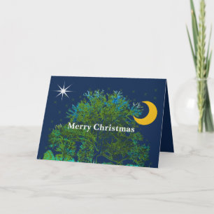 Christmas Star Tree Blues Celestial Crescent Moon Holiday Card