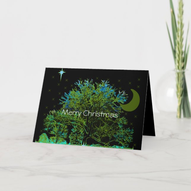 Christmas Star Tree Blues Celestial Crescent Moon Holiday Card (Front)