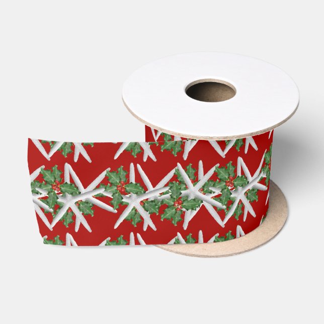 Christmas Starfish and Holly Craft Ribbon, Wide Satin Ribbon (Spool)
