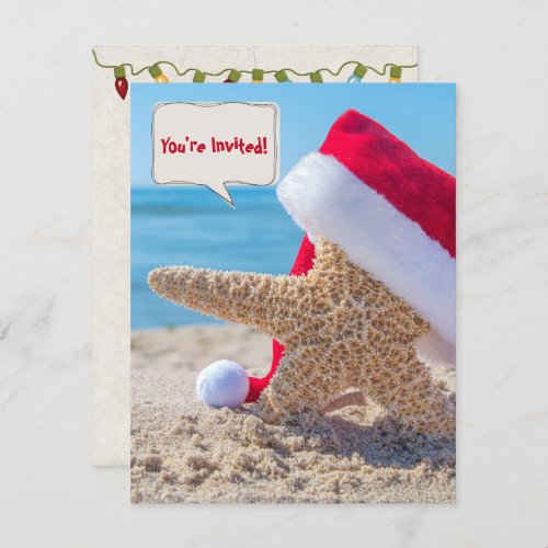 Christmas starfish in beach sand for party invitation