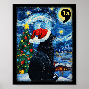 Christmas Starry Night Black Cat Comma La Kamala H Poster