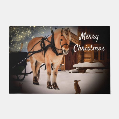 Christmas starry night farm horse rabbit snow doormat