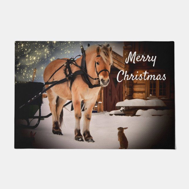 Christmas starry night farm horse rabbit snow doormat (Front)