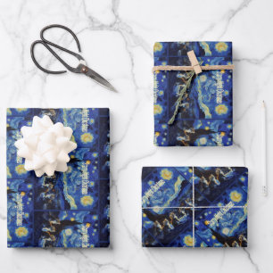 Christmas Starry Night Van Gogh Cat Lover Wrapping Paper Sheets