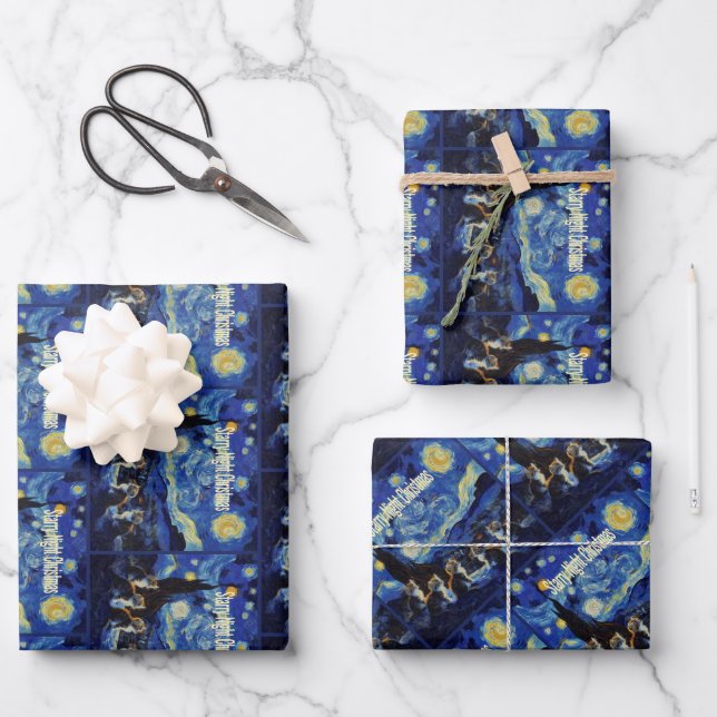 Christmas Starry Night Van Gogh Cat Lover Wrapping Paper Sheets (Front)