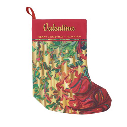 CHRISTMAS STARS Customizable Red Green Faux Gold Small Christmas Stocking