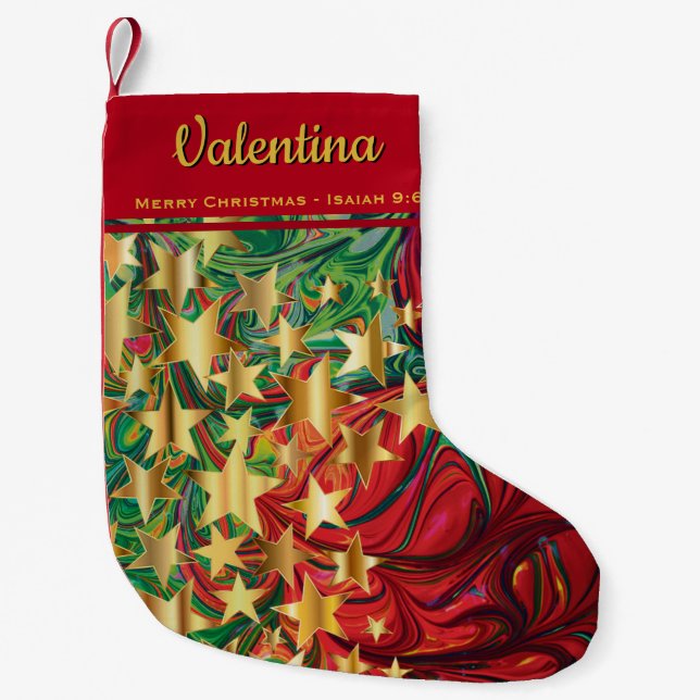 CHRISTMAS STARS Customizable Red Green Faux Gold Small Christmas Stocking (Front)