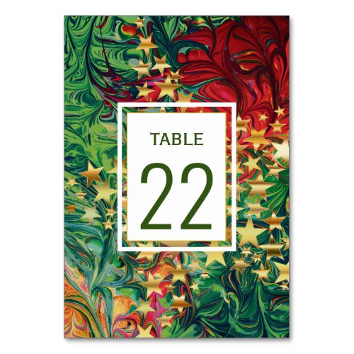 CHRISTMAS STARS Customizable Red Green Gold Table Number