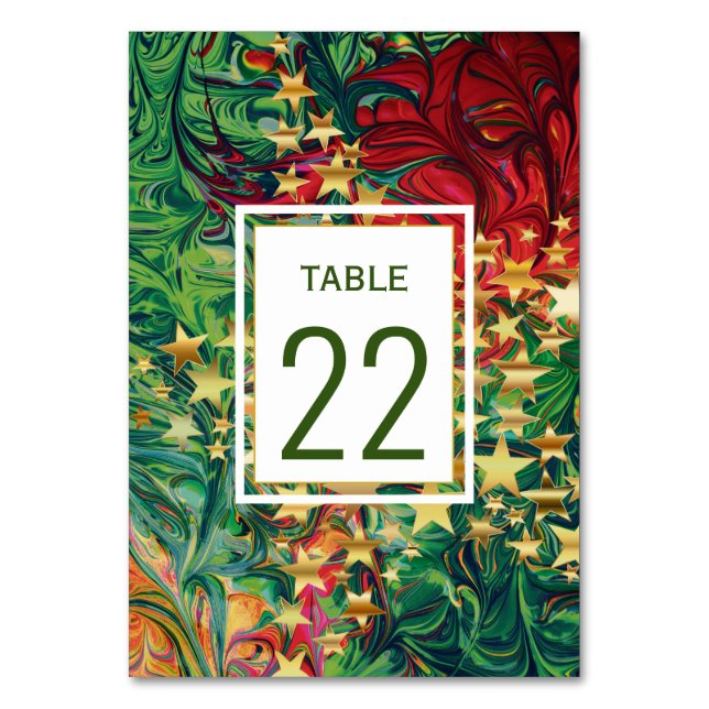 CHRISTMAS STARS Customizable Red Green Gold Table Number (Front)