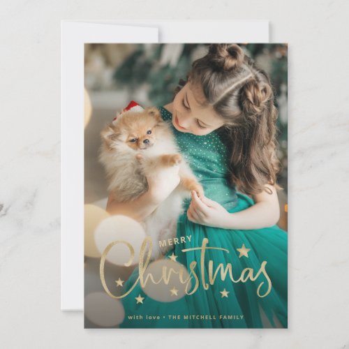 Christmas Stars  Gold Handwritten Script Photo Holiday Card