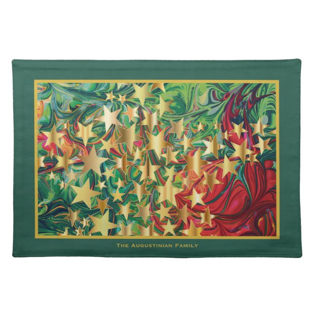 CHRISTMAS STARS Gold Red Green Retro Festive Cloth Placemat (Front)