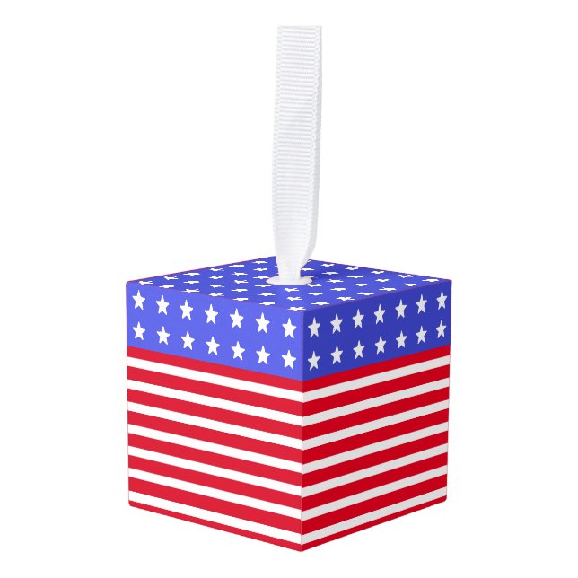 Christmas stars on blue and red & white striped cube ornament (Front Angled)