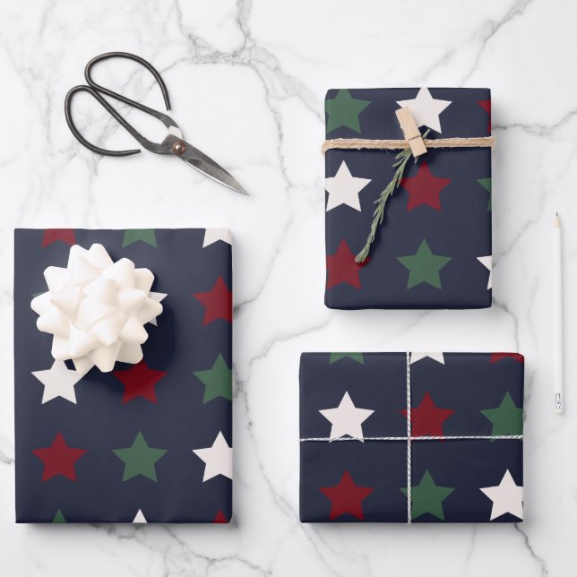 Christmas Stars Pattern Blue White Red Wrapping Paper Sheets (Front)
