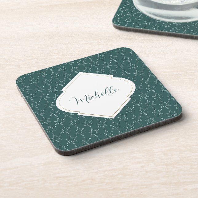 Christmas Stars Pattern Monogrammed Pine Green Beverage Coaster (Left Side)