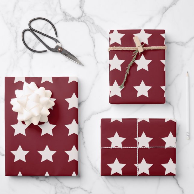 Christmas Stars Pattern Red White Wrapping Paper Sheets (Front)