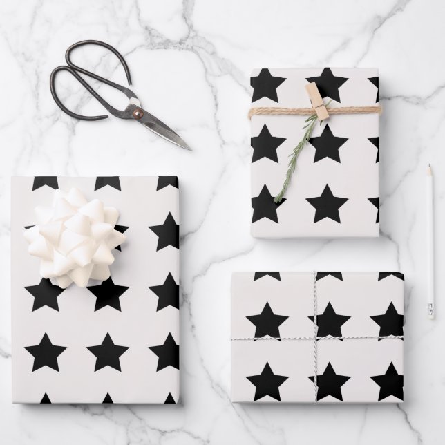 Christmas Stars Pattern White Black Wrapping Paper Sheets (Front)