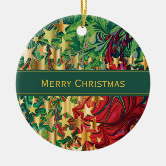 CHRISTMAS STARS Personalized Red Green Faux Gold Ceramic Ornament (Front)