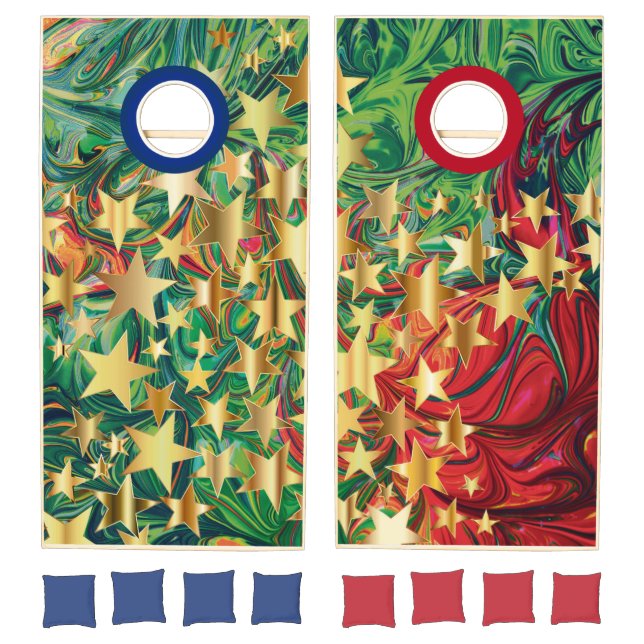CHRISTMAS STARS Red Green Gold Festive Holidays Cornhole Set (Set)
