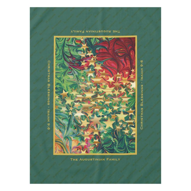 CHRISTMAS STARS Red Green Gold Personalized Tablecloth (Front)