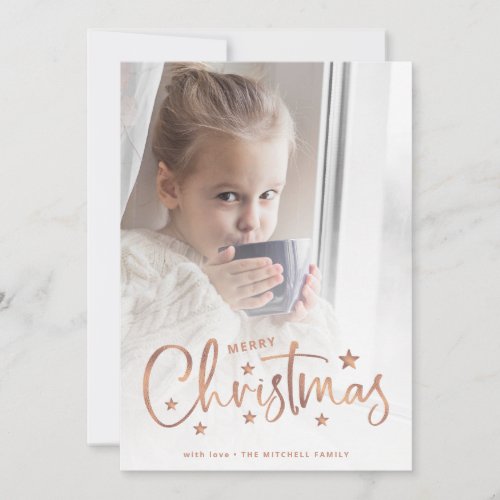 Christmas Stars  Rose Gold Script and Photo Holiday Card