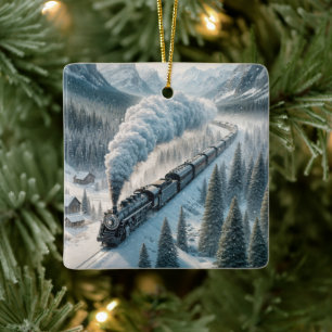 Christmas Steam Locomotive In a Mountain Valley Ceramic Ornament