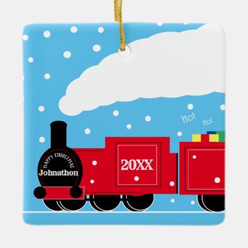 Christmas steam train in snow ceramic ornament