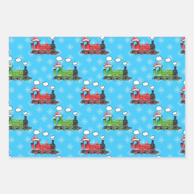 Christmas Steam Train Pattern Wrapping Paper Sheets (Front)