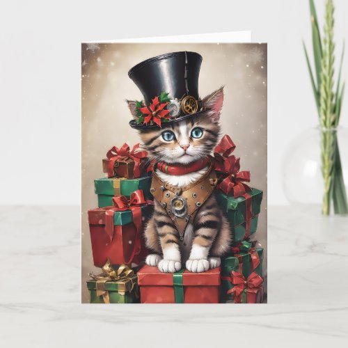 Christmas Steampunk Tabby Kitten Card