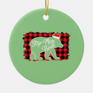 Christmas Step Mom Bear Christmas Red Plaid Buffal Ceramic Ornament