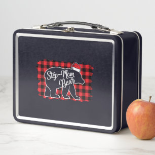 Christmas Step Mom Bear Christmas Red Plaid Metal Lunch Box