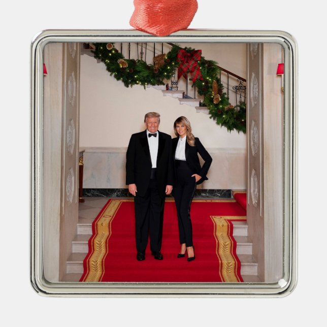 Christmas steps President Donald Trump & Melania Metal Ornament (Front)