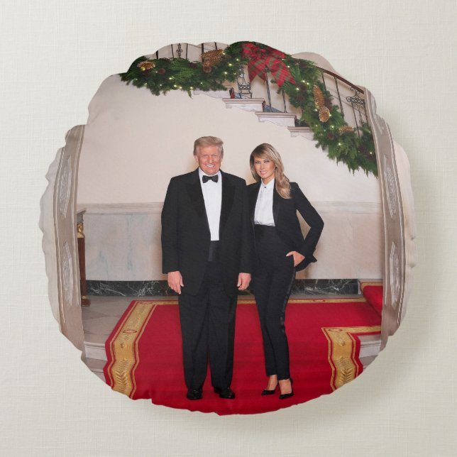 Christmas steps President Donald Trump & Melania Round Pillow (Front)