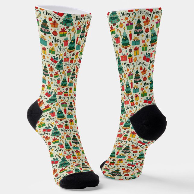 Christmas Sticker Collection Pattern Crew Socks (Angled)