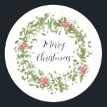 Christmas Sticker | Design 1<br><div class="desc">Adorn your gifts and cards with this watercolor wreath sticker. Green and red wreath and a "Merry Christmas" message in the center. Watercolor design created by Night Sky Paperie.
Shape: Round
Finish: Matte
Size(s): 1.5 in or 3 in</div>