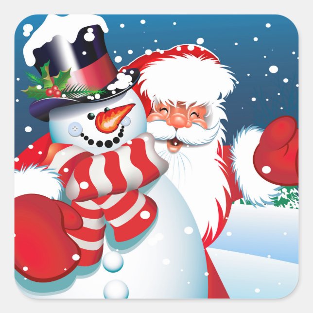 Christmas Sticker-Santa & Snowman Square Sticker (Front)