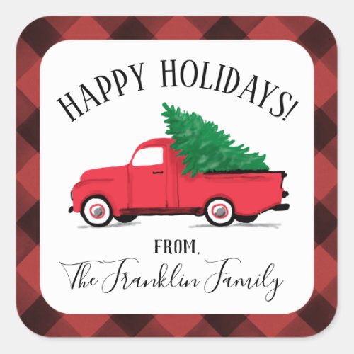 Christmas sticker with Red Truck and Tree