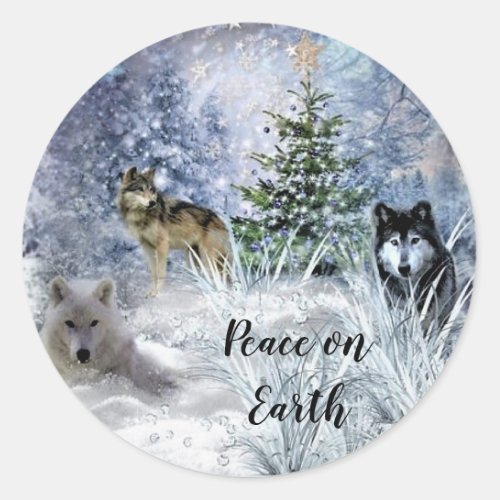 Christmas Sticker with Wolves and Winter Snow